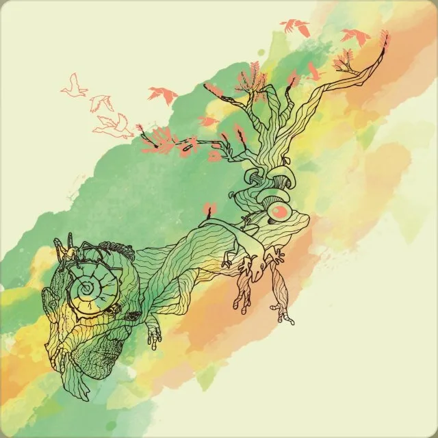Music For Mushrooms album artwork - watercolor chameleons and branching tree